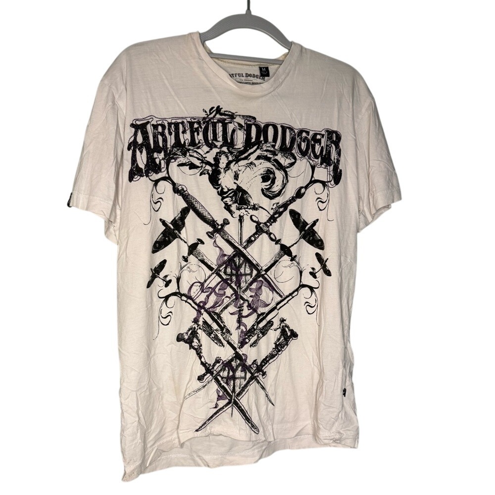 Artful Dodger sword graphic t-shirt y2k retro style black & purple‎ embroidered